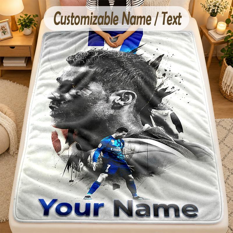 Flannel BlanketCristiano Ronaldo Custom Name Text Personalized Soft Warm Throw Blanket Home Decor Gift