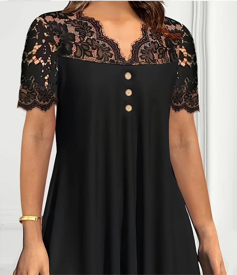 Spring/Summer 2025 European & American Women's Black Lace Short Sleeve Casual Top