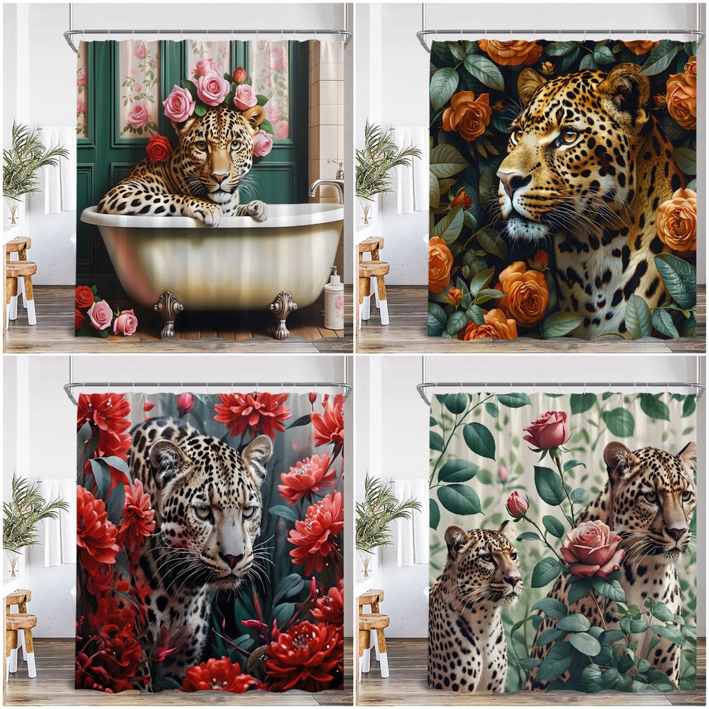 Leopard Floral Shower Curtain Bathing Wild Animal Print Green Leaf Flower Elegant Panther Bathroom Decor Modern Bath Curtain