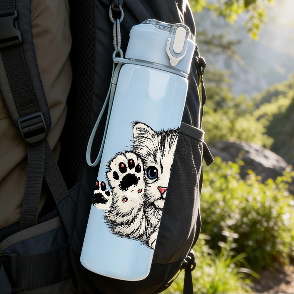 1PC Cute Tabby Kitten Cat Face Print 750ml Color Plastic Sports Water Bottle Leakproof Flip Straw Lid Suitable for Sports Office Home Use