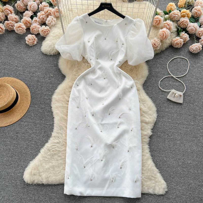 

French Heavy Industry Feather Tassel Dress Slim Looking Rhinestone White XL