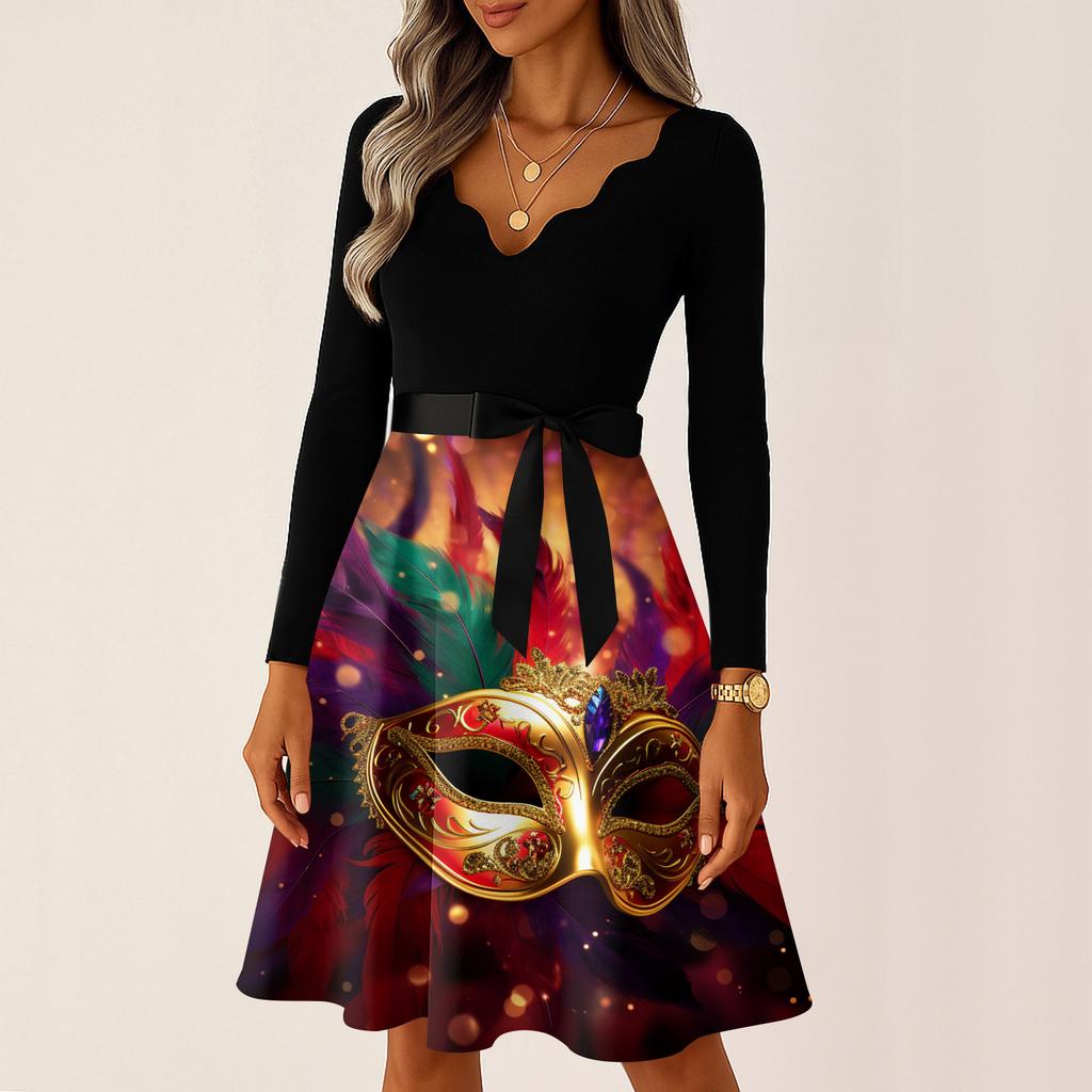 Women's Casual Fashion V Neck Long Sleeve Printed Vintage Long Dress