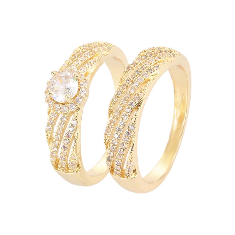 Stylish Striped Cubic Zirconia Couple Rings Set in High-Gloss Pure Copper