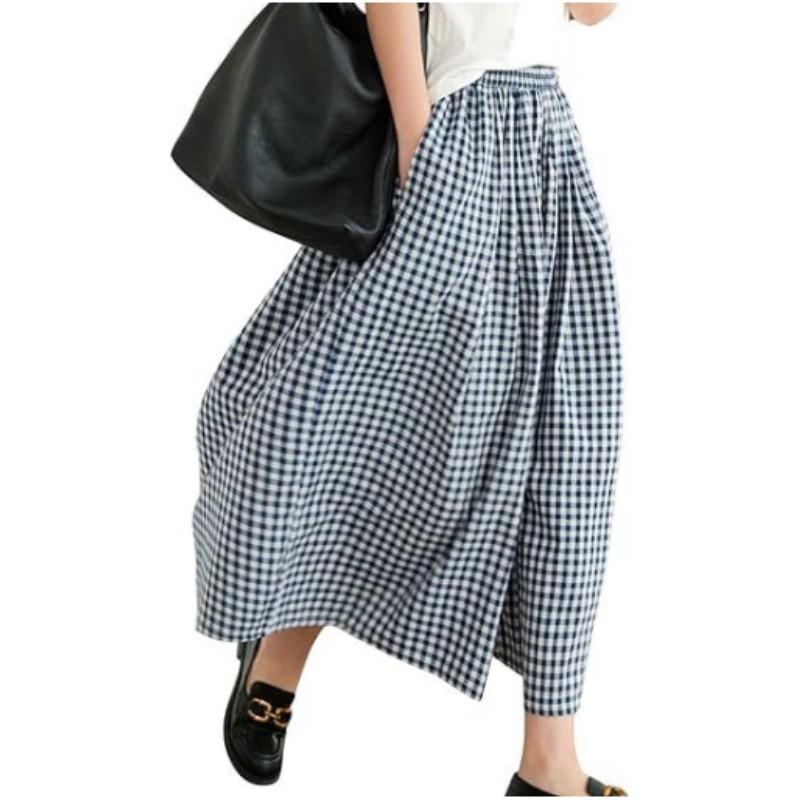 Damen Frühling Hohe Taille Lässig Weite Hose Elegant Kariert Weitbein Hose Rock