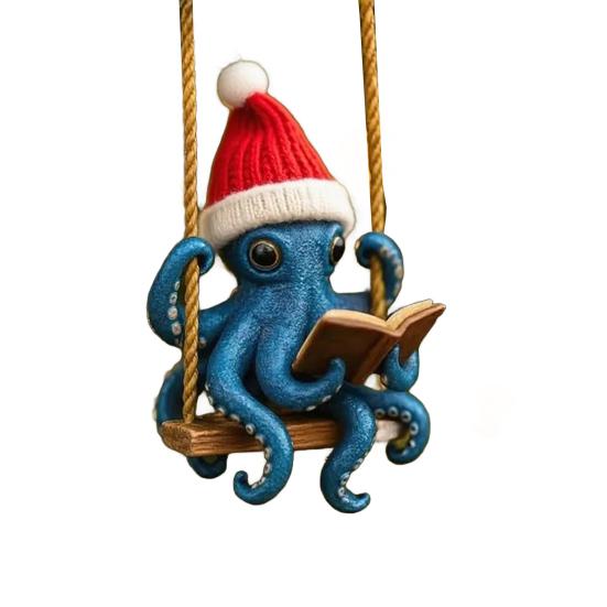 Octopus Reading Ornament Blue Octopus Reading Swing Ornament Sea Creature Christmas Tree Hanging Decor Squid Art Collection Gifts for Ocean Lovers