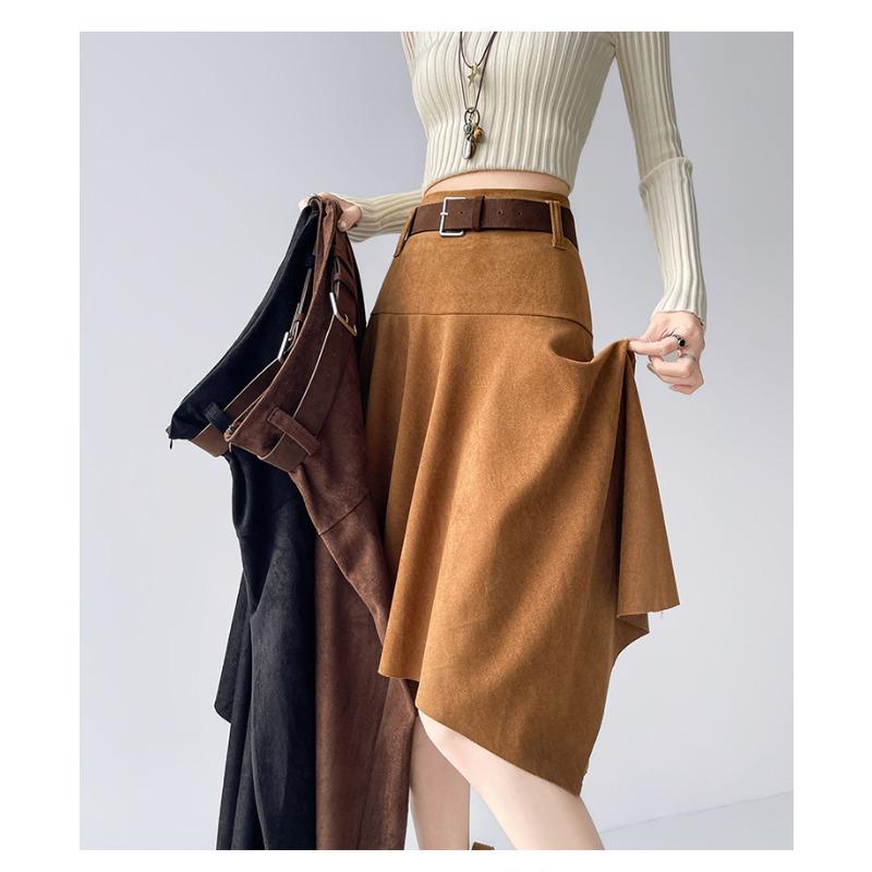 Fustă mini asimetrică vintage din piele întoarsă pentru femei, cu talie înaltă, slim, linie A, fuste midi