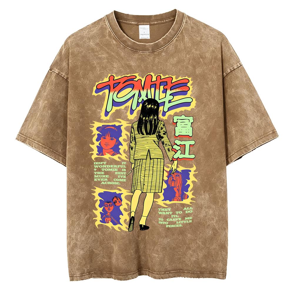Anime Tomie Junji Ito Vintage Washed T-shirt Men Women Manga Horror Gothic Rock T Shirts Male Retro High Quality Cotton T-shirts