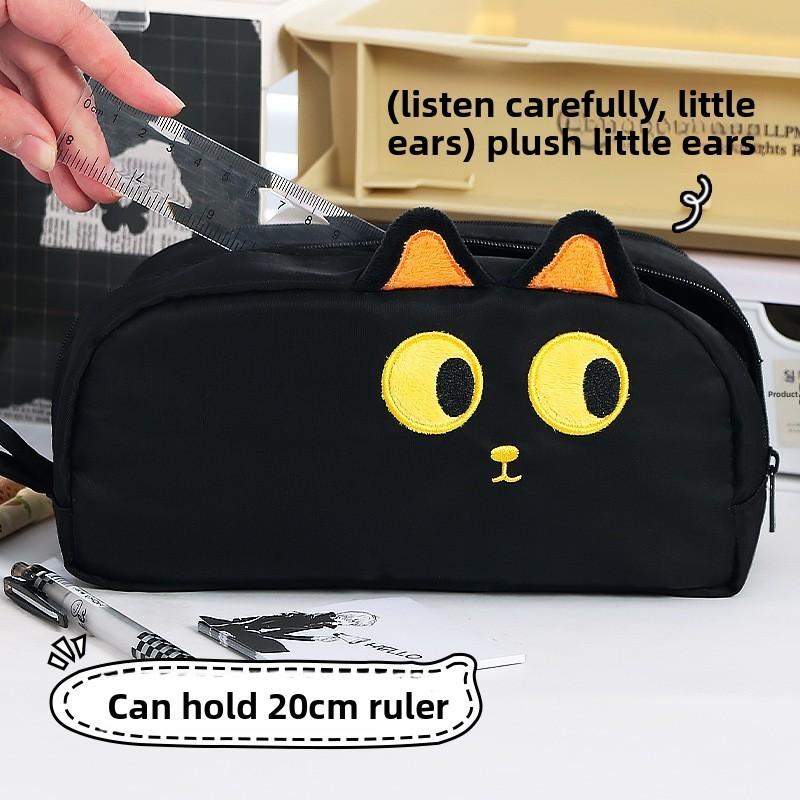 Cute Black Cat Plush Embroidery Pen Case Large Capacity Stationery Storage For Students