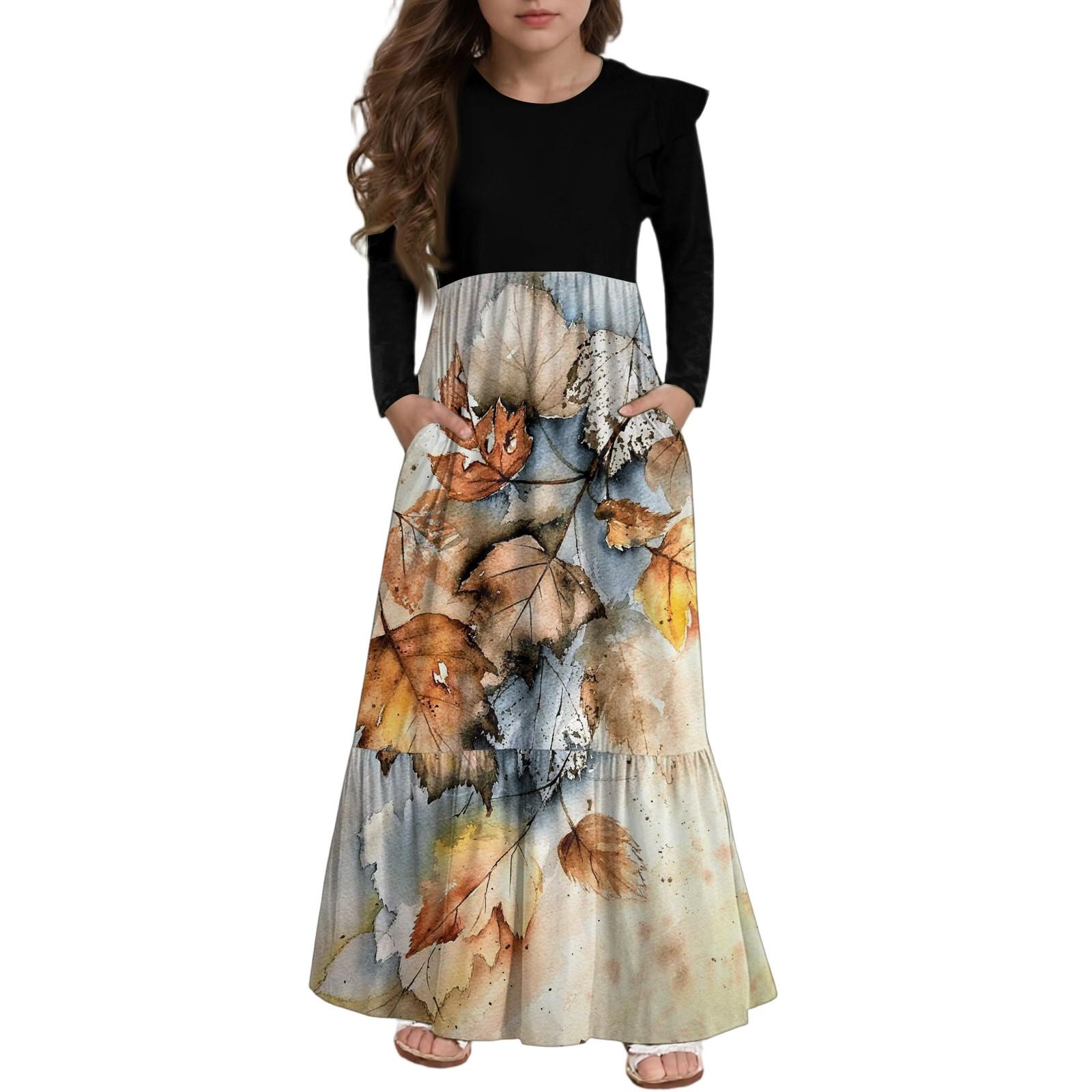 

Платье с многоярусными оборками для девочек - Макси с длинным рукавом и принтом, с карманами 160 жёлтый