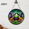 Halloween Gift for Friends Happy Front Door Hanging Sign, Retro Round Witch Hat Magic Cauldron Horror Rustic Wood Plaque Wooden Welcome Pendant