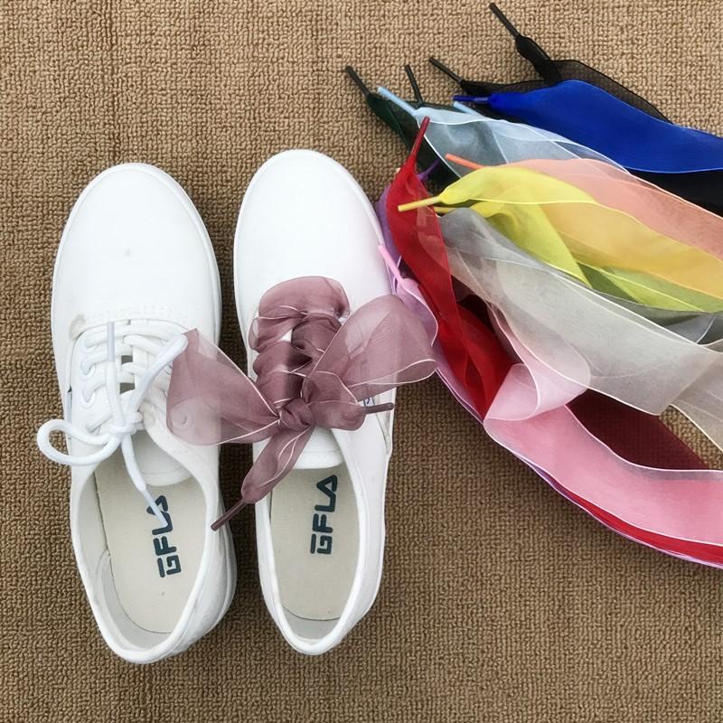 1Pair 110cm Fashion Organza Ribbon Sport Shoes Trainers Bowknot Solid Flat Shoelaces Sport Casual Laces Women Cordones Zapatilla