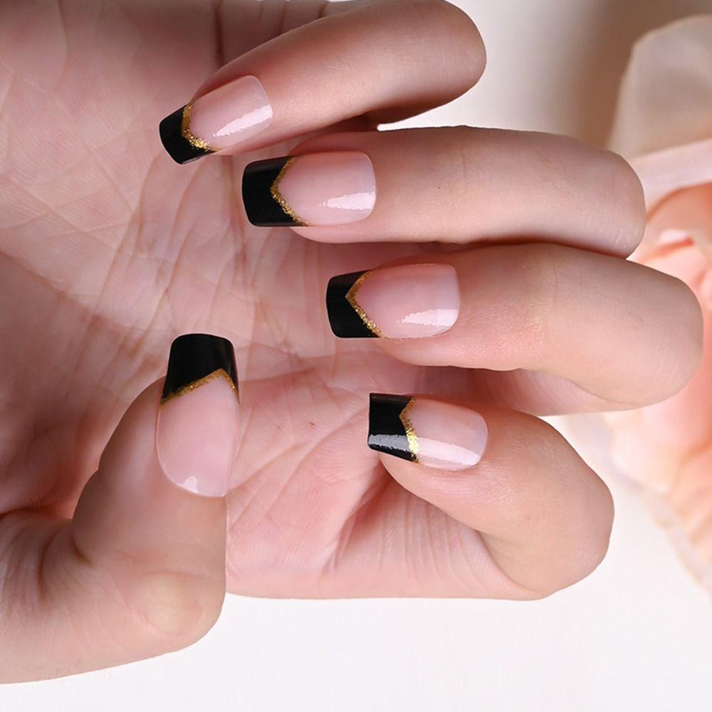 

24pcs Nail Tips Glitter Press on Nails DIY Long Square French Black Edge False Nails