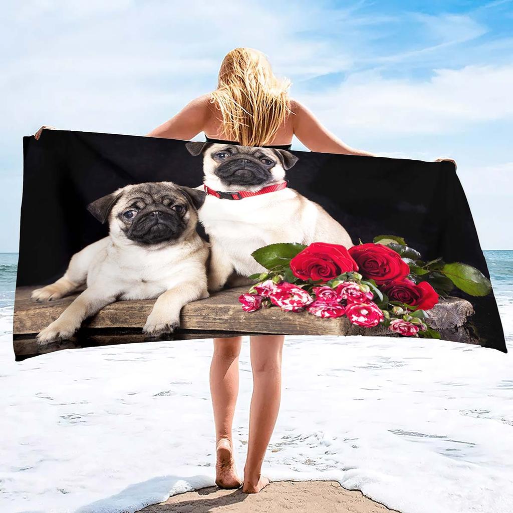 Microfiber Sand Free Beach Towel Thin Quick Fast Dry Super Absorbent Oversized Large Lightweight Towels for Beach Pool Pug Dog