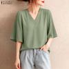 Blusa feminina casual com decote em V cor sólida solta meia manga