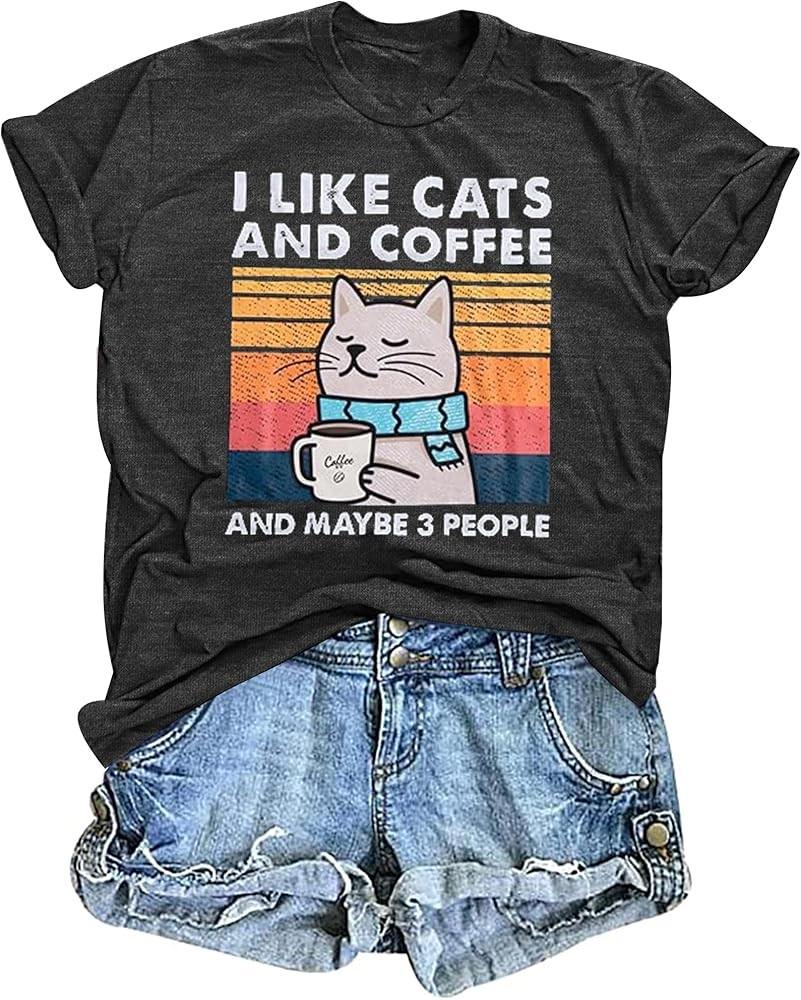 Cat Shirt I Like Cats and Coffee and Maybe 3 People Graphic TShirt Vintage Cat Unisex T-Shirt S
