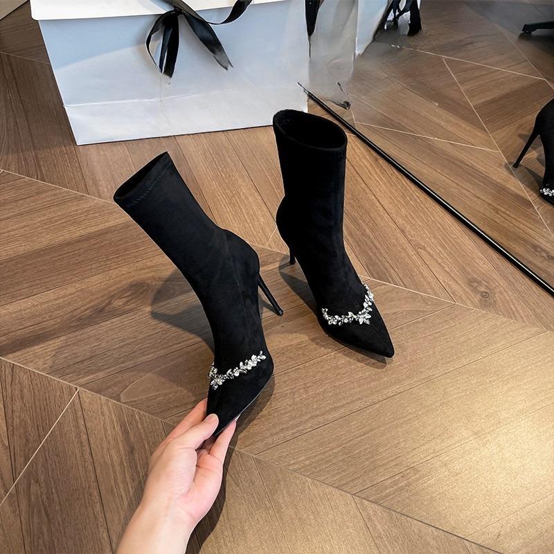 Fashion High Heeled Skinny Boots Autumn New Pointed Toe Rhinestone Suede Sleeve Non-Slip Skinny Heel Shortho Boots