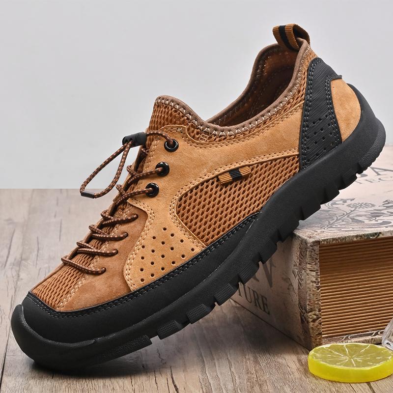 Summer New Elastic Band Outdoor Mesh Shoes Genuine Leather Men Casual Shoes Outdoor Mens Sneakers Male Comfortable Walking Shoes