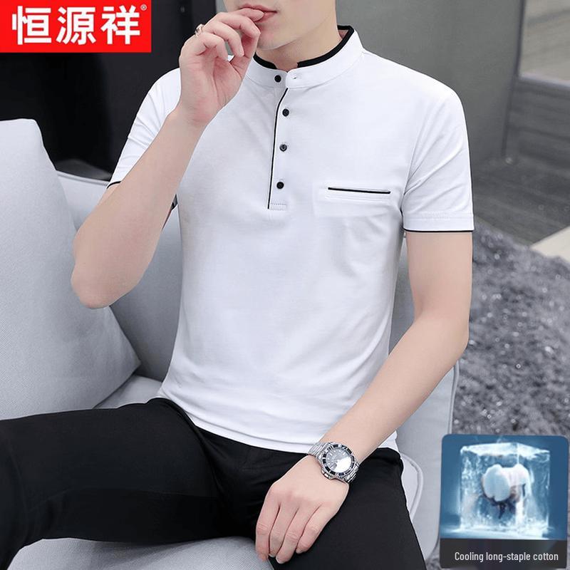 Hengyuanxiang Men s Solid Color Stand-Up Collar Short Sleeve T-Shirt XL