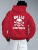 Distressed Grunge Skull Back Pattern German Slogan Men Hip Hop Sports Hoodie, Retro Hardcore Style Oversized Soft Pullover