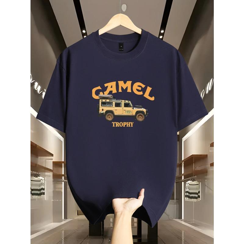 Men s Retro Camel and Sahara Desert Pattern Printed Loose and Casual Round-neck Short-sleeved Summer Top S