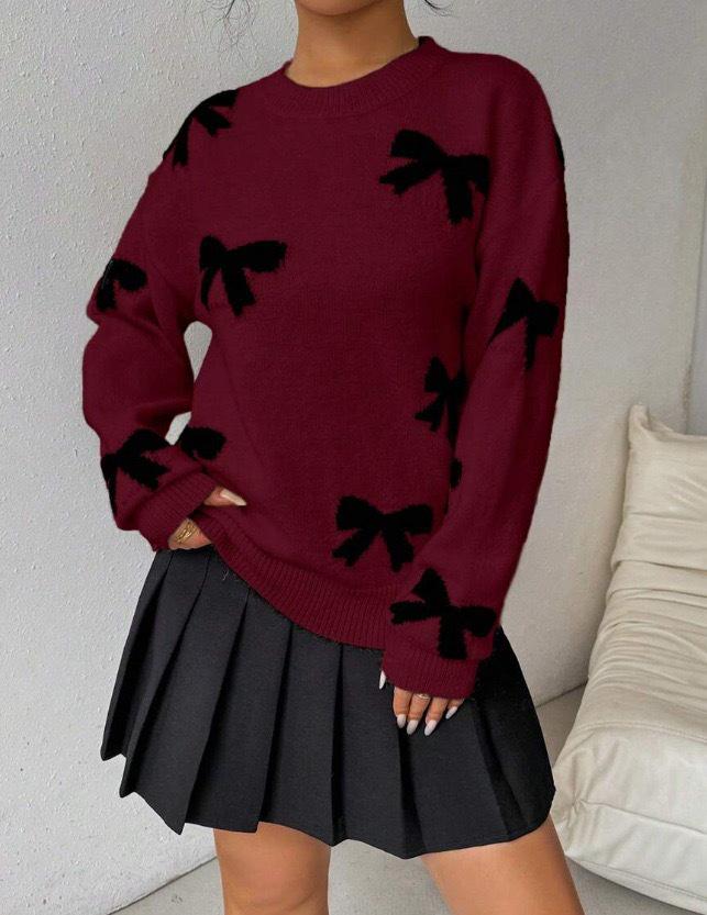 Women's Casual Bow Print Sweater Pullover for Autumn and Spring