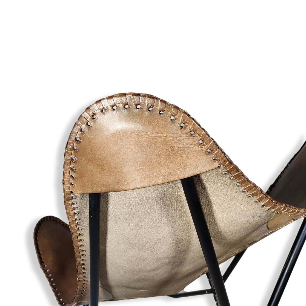 Comfortable Back Rest Living Room Butterfly Chair-Camel Color Folding Leather Armchair with Black Powder Coated Iron Stand