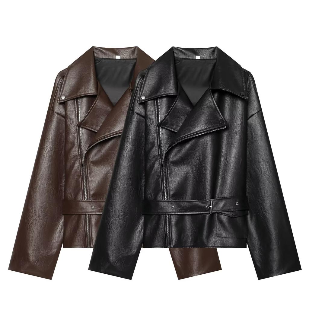 Autumn New European and American Style Lapel Lace-Up Commuter Leather Jacket