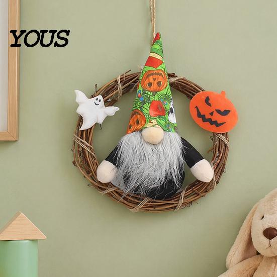 Halloween Wall Hanging Gnome Wreath, Faceless Rattan Rustic Decoration Holiday Door Hanger with Pumpkin Ghost for Front Party Decor