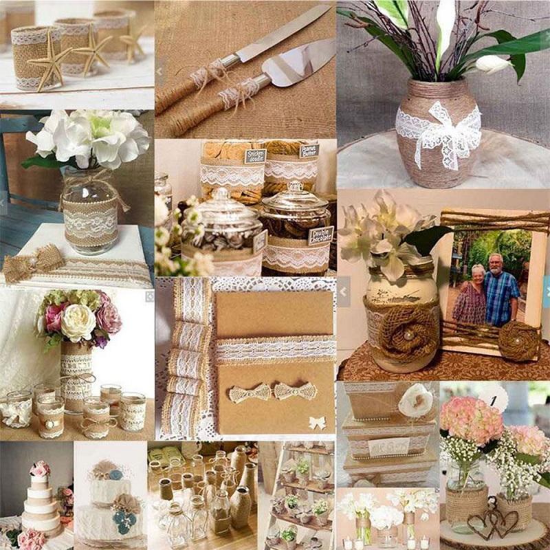 2Meter/Lot 25mm Natural Jute Burlap Hessian Lace Ribbon with White Lace Trim Edge Rustic Vintage Wedding Centerpieces Decor