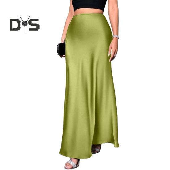Women Fishtail Skirt High Waist Solid Color Smooth Surface A-Line Maxi Skirt Work Leisure Daily Wear