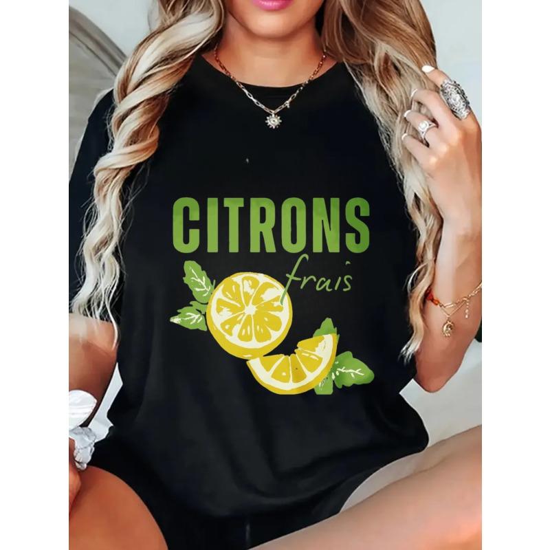 Oversize T-shirt Czarny Citrons Frais Nadruk Cytryn i Tekst Letnia Codzienna Odzież