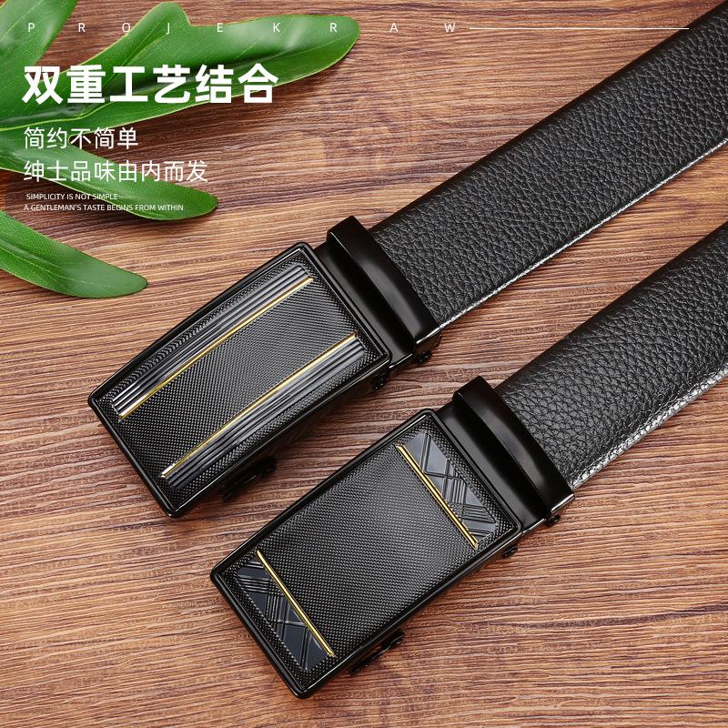 Men'S Belt Lychee Pattern Business Leisure Automatic Buckle Belt Street Stall Clothing Leather Accessories