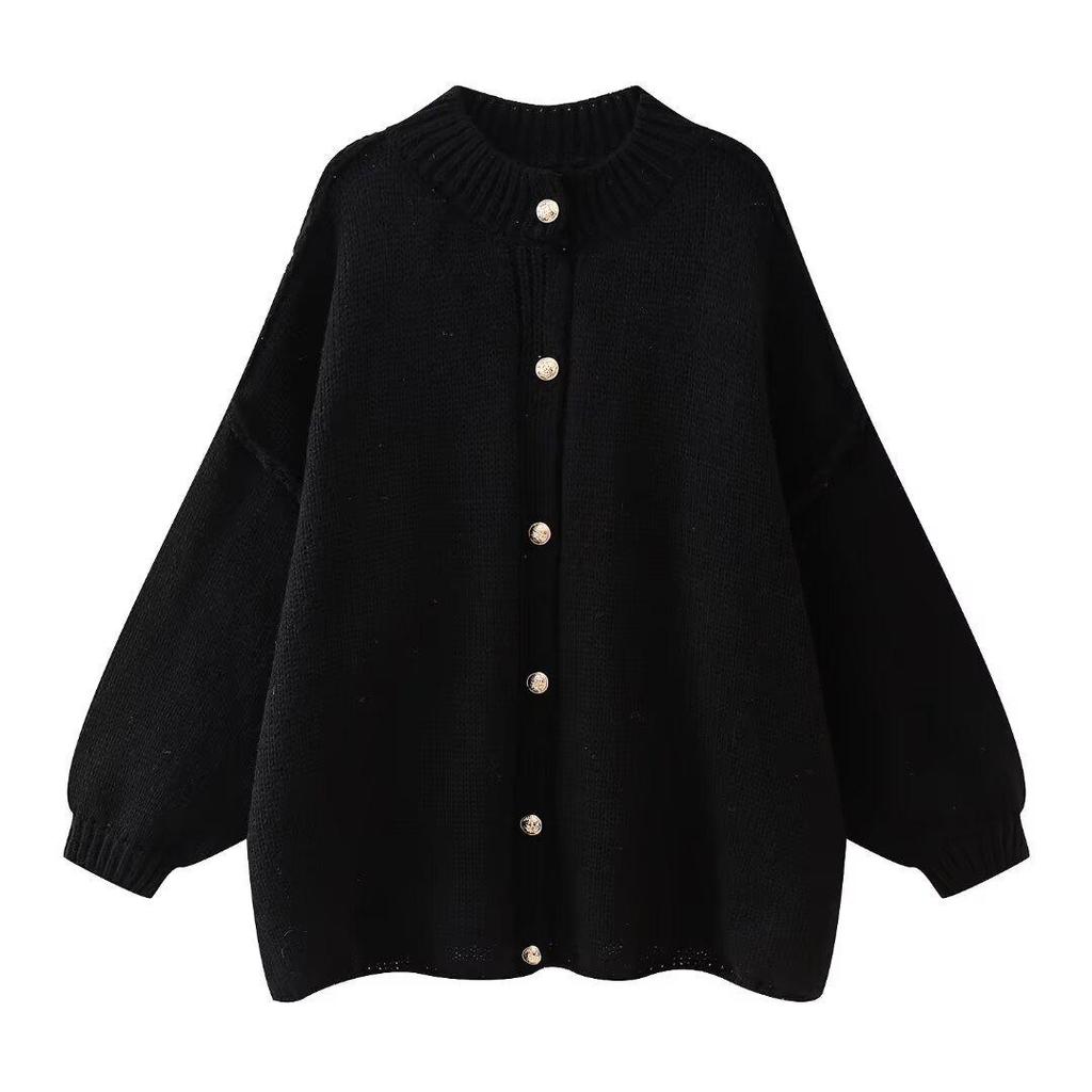 Chic European & American Style Women's Loose Round Neck Cardigan with Metal Buttons