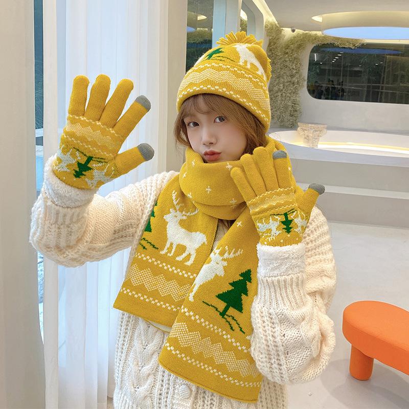 Korean-style student autumn and winter women's knitted hat, scarf, and touchscreen gloves three-piece set, warm Christmas new hat