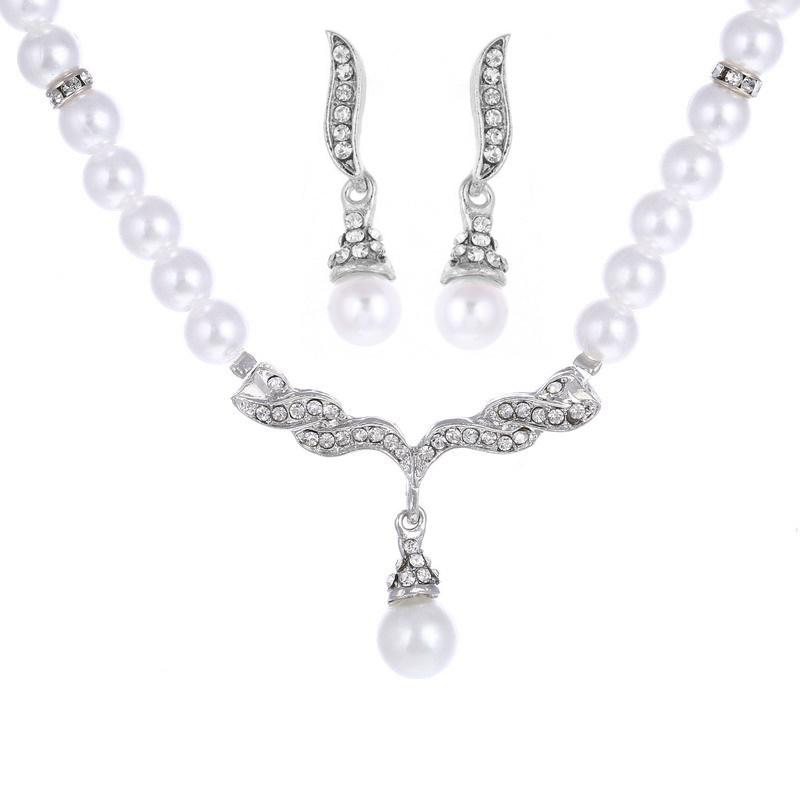Elegantes Halsketten-Ohrring-Set für Damen Modeschmuck Set Perlmutt Imitation Braut Hochzeit Legierung Party Stecker Halsketten-Ohrring-Set
