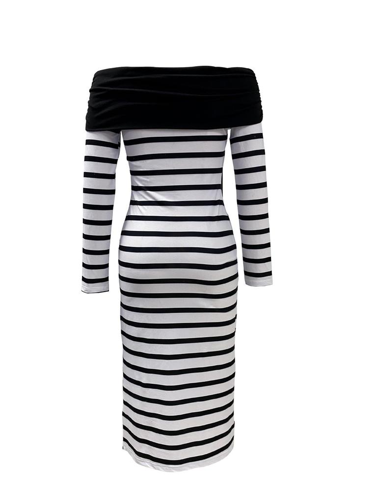 Slim Fit Striped Knit Dress with Slit - One-Shoulder Sexy Autumn/Winter Wear