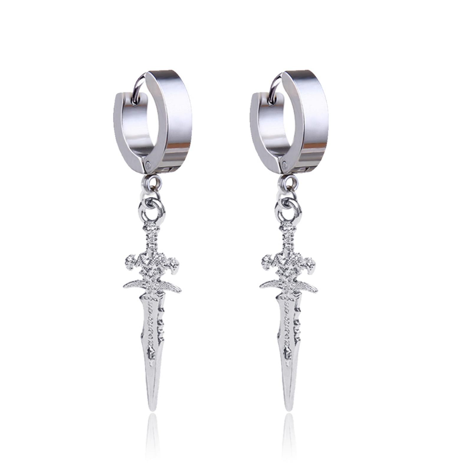 

Pair Gothic Sword Drop Earrings Black Punk Ear Hoops with Long Dangle Grunge Hip Hop Stainless Steel Rings Ear Piercings Jewelry