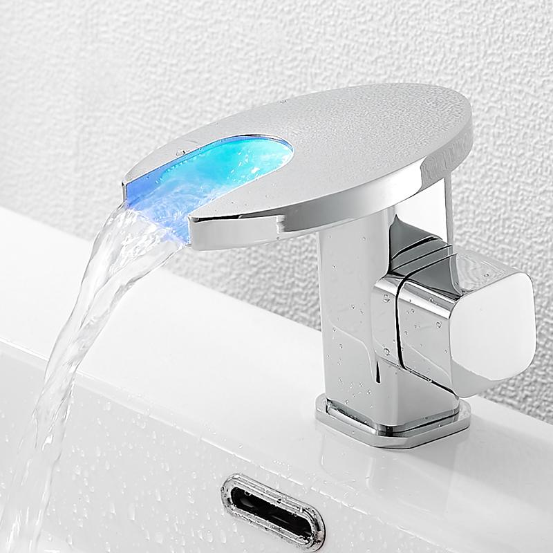 BAKALA Messing-Wasserfall-LED-Waschtischarmatur für Badezimmer, Kalt-/Warmmischarmatur, Kran-Waschtischarmatur, schwarzer Farbwechsel, angetrieben durch Wasserfluss