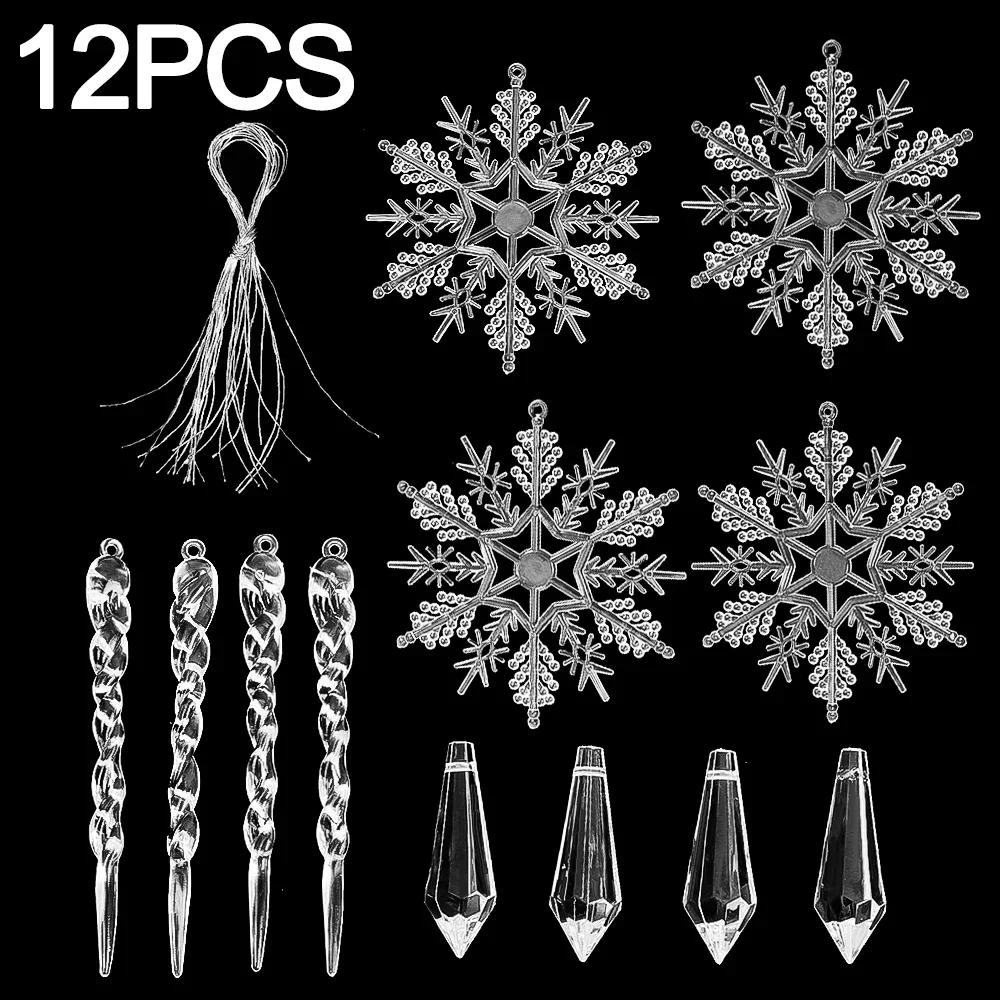 36-5PCS Clear Crystal Snowflake Icicle Ornament Acrylic Xmas Tree Hanging Pendant Holiday New Year Home Party Hanging Decoration