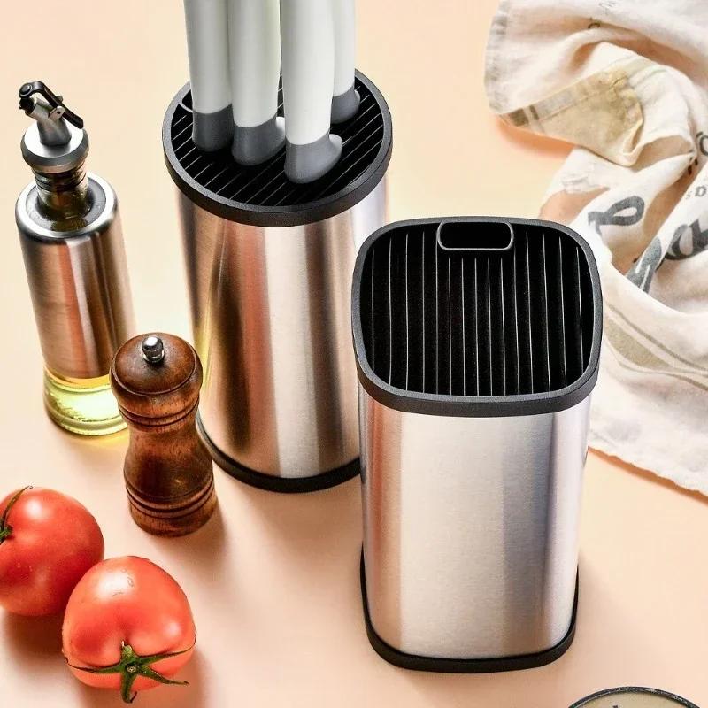 Steel Kitchen Area Plug Seat Knife Holder Multifunctional Storage Rack Knife Organizer Sleek Style Square Round Bucket