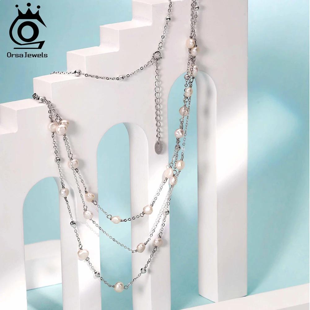 ORSA JEWELS Multi-Layer Natural Pearls Necklace 925 Sterling Silver Trendy Layered Pearl Choker Chain for Women Jewelry GPN89