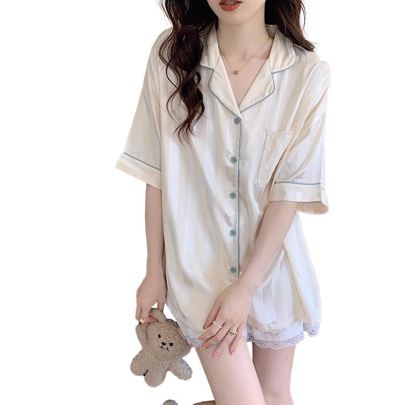 Premium Striped Ice Silk Cool Thin Pajamas Women'S Cardigan Short Sleeve Two-Piece Student Loungewear Summer