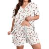 Women Casual Two Piece Set Short Sleeve V Neck Loose Fit Top with Elastic Waist Shorts Plus Size Printed Loungewear Sleepwear Set