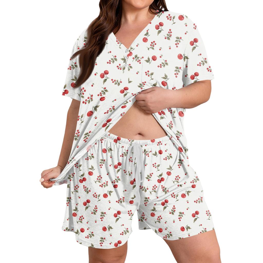 Women Casual Two Piece Set Short Sleeve V Neck Loose Fit Top with Elastic Waist Shorts Plus Size Printed Loungewear Sleepwear Set