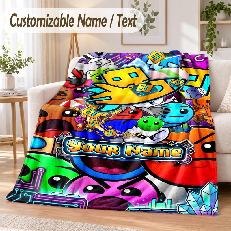 Geometry Dash Custom Name Flannel Throw Blanket Soft Warm for Sofa Bed Indoor Home Use