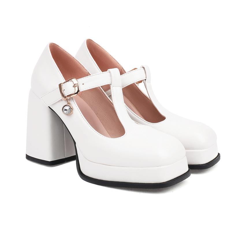 Classic Block High Heels Platform Shoes Girls Black White Women's Heeled 2024 New T-strap Spring Pumps Wedding Party Dance Shoes