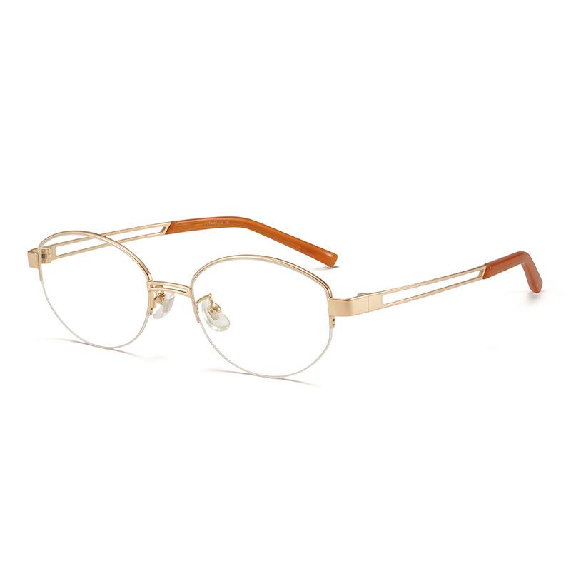 FAK Pure Titanium Semi-Rimless Cat-Eye Eyeglass Frame 55 - Old Money Style, High Intellectual Gold Wire Design 98713