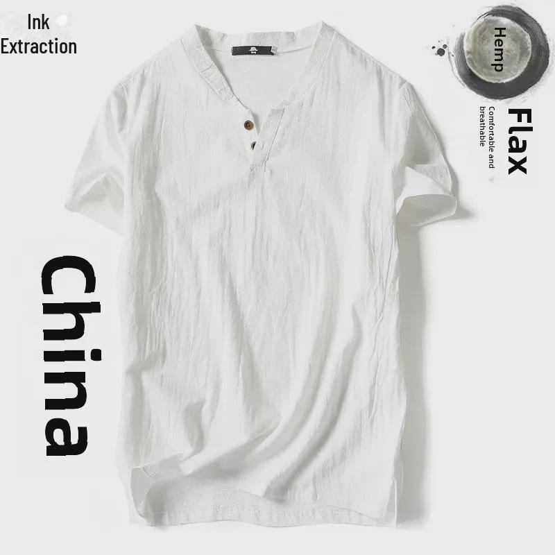 Men's Chinese-Style Short-Sleeve V-Neck Linen T-Shirt