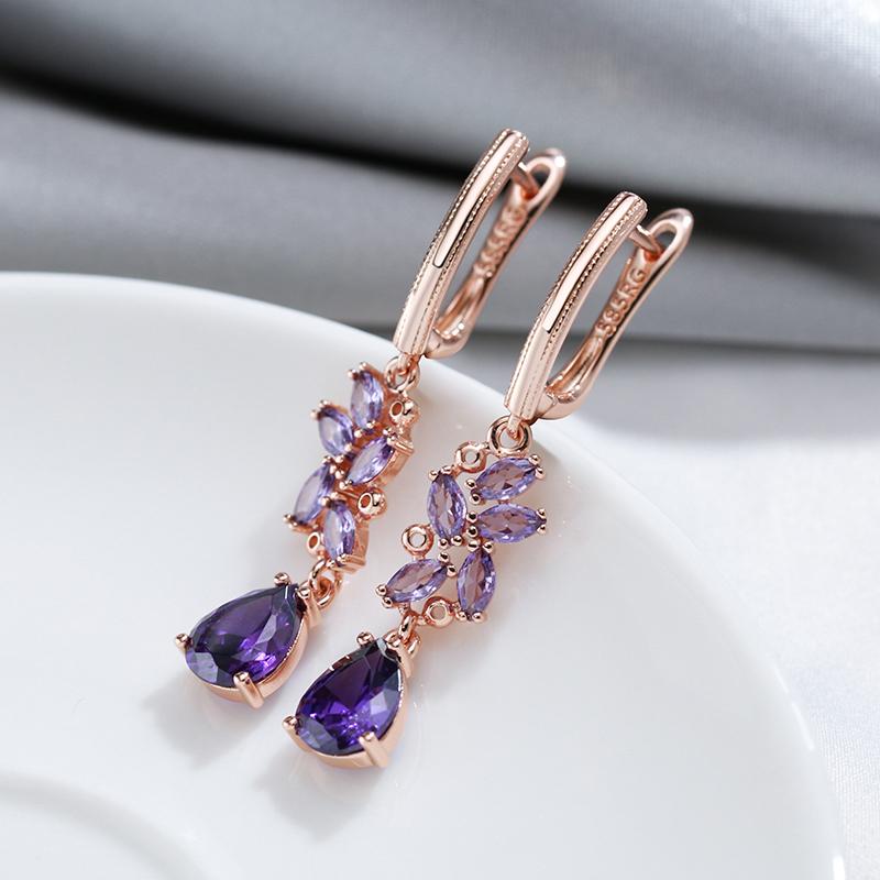 Shiny Purple Natural Zircon Long Dangle Earrings For Women  Rose Gold Color Vintage Ethnic Bride Daily Fine Jewelry
