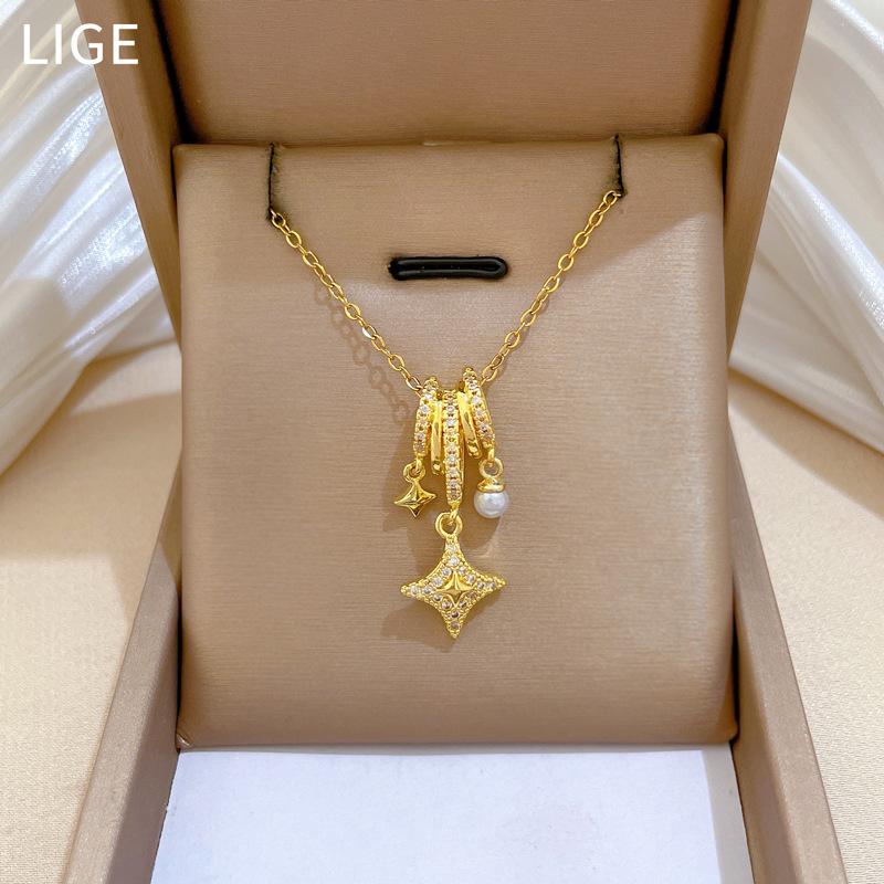 Titanium Steel, Pearl Star Ring Light Luxury Temperament Gorgeous Full Diamond Necklace Women'S Versatile Collarbone Chain Titanium Steel Chain